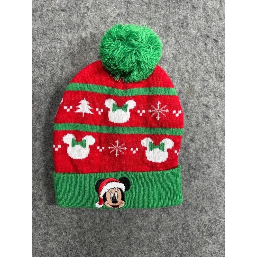 Disney Minnie Mouse Kids Christmas Beanie Red Green Pom Pom OSFM Holiday Hat